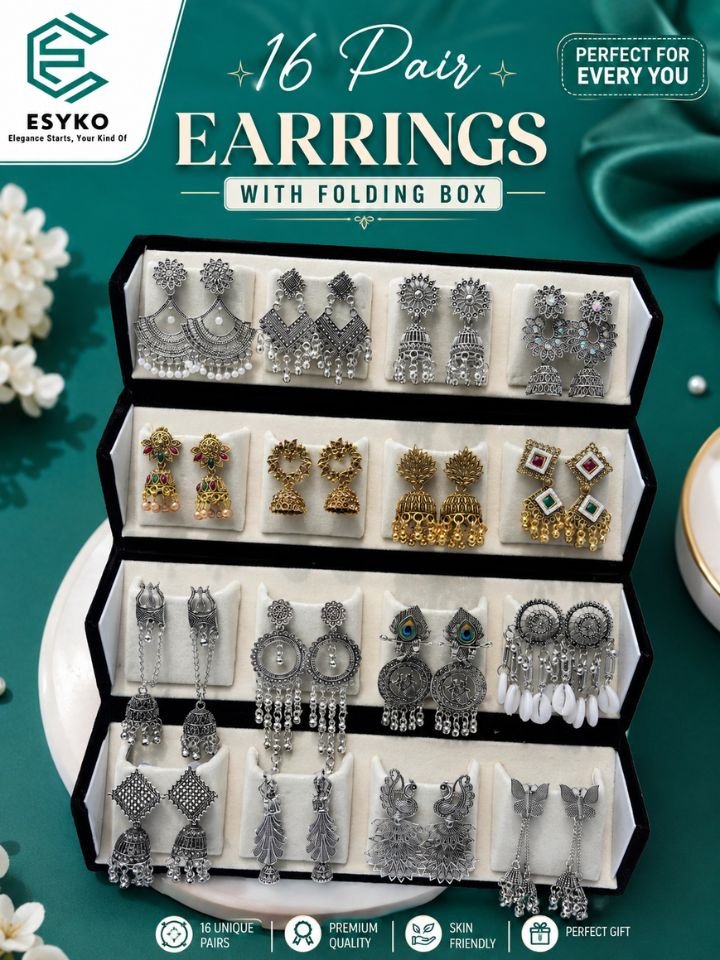 16 Pair Oxidised Earrings Combo Set for Women with Gift Box