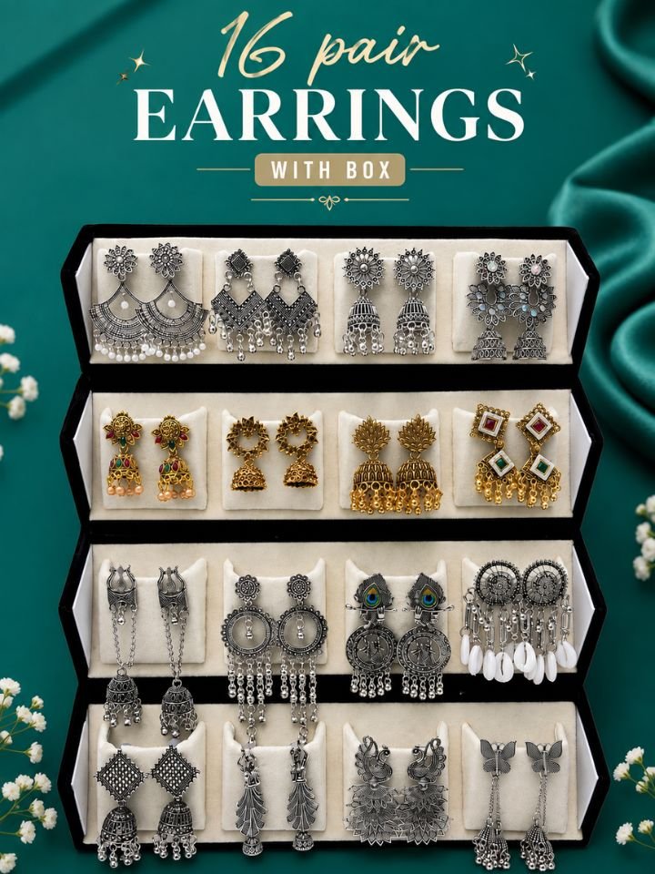 16 Pair Oxidised Earrings Combo Set for Women with Gift Box