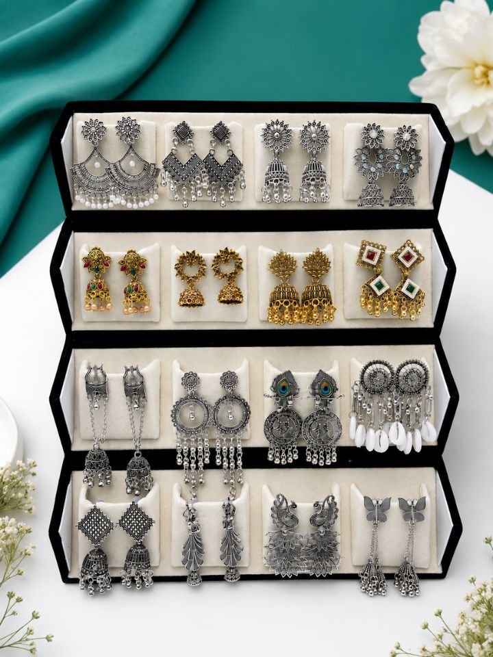 16 Pair Oxidised Earrings Combo Set for Women with Gift Box