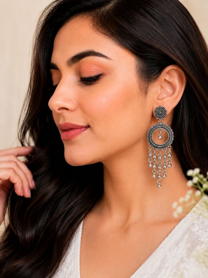 Oxidised Silver Boho Circular Dangle Earrings for Women