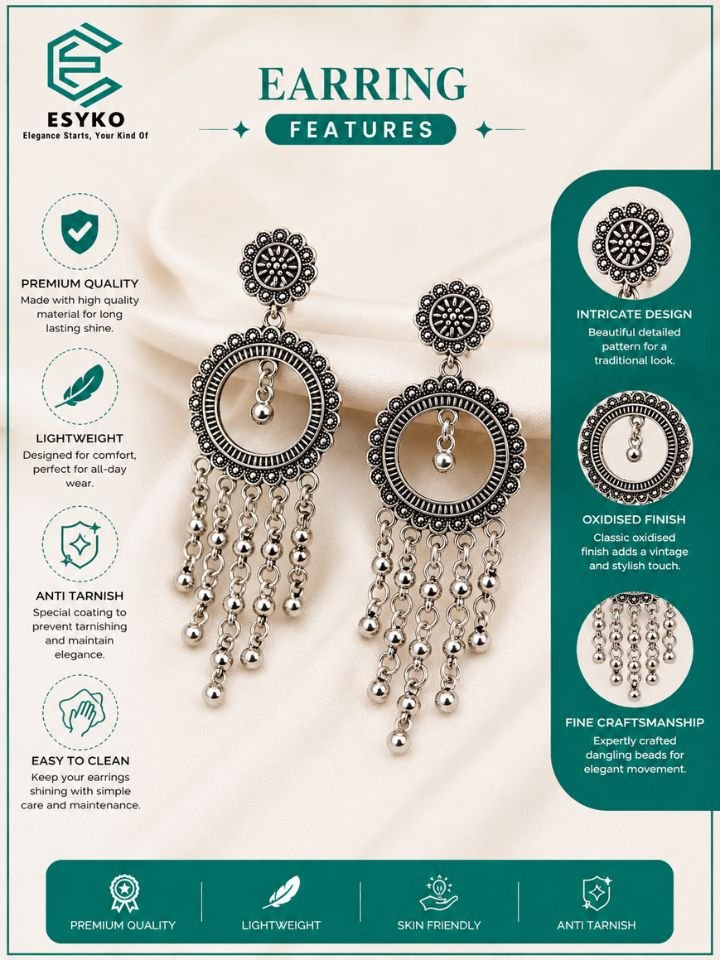 Oxidised Silver Boho Circular Dangle Earrings for Women