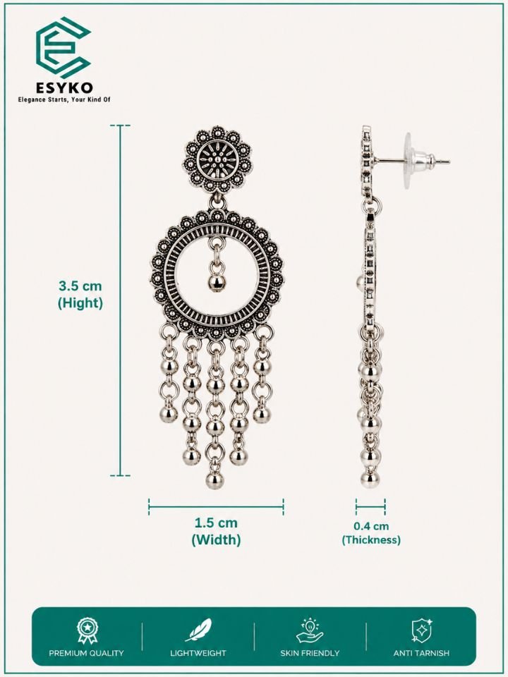 Oxidised Silver Boho Circular Dangle Earrings for Women
