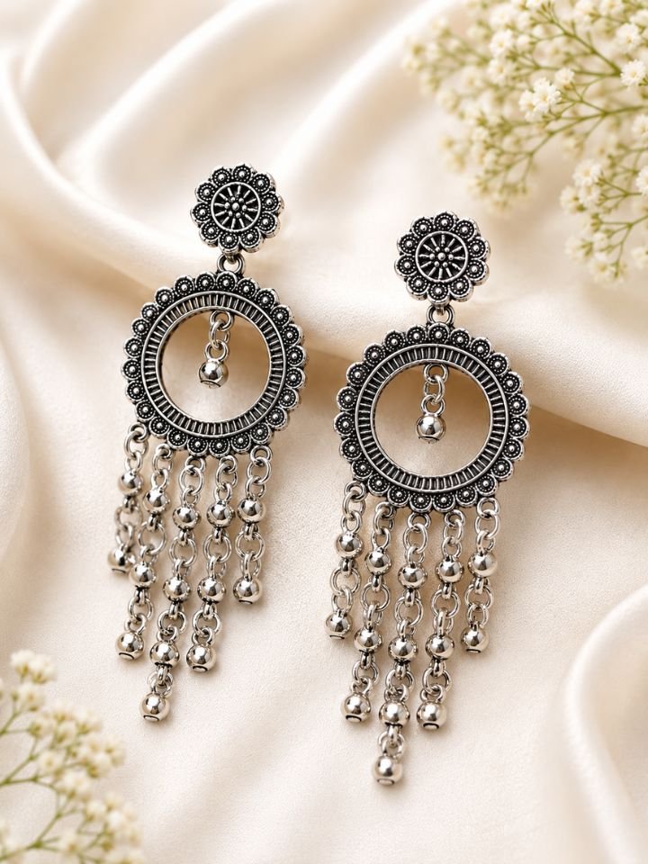 Oxidised Silver Boho Circular Dangle Earrings for Women