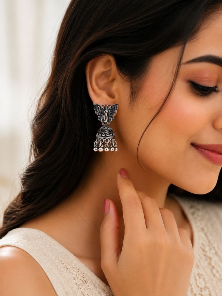 Oxidised Butterfly Jhumka Earrings 1 Oxidised Butterfly Jhumka Earrings in Antique Silver Finish