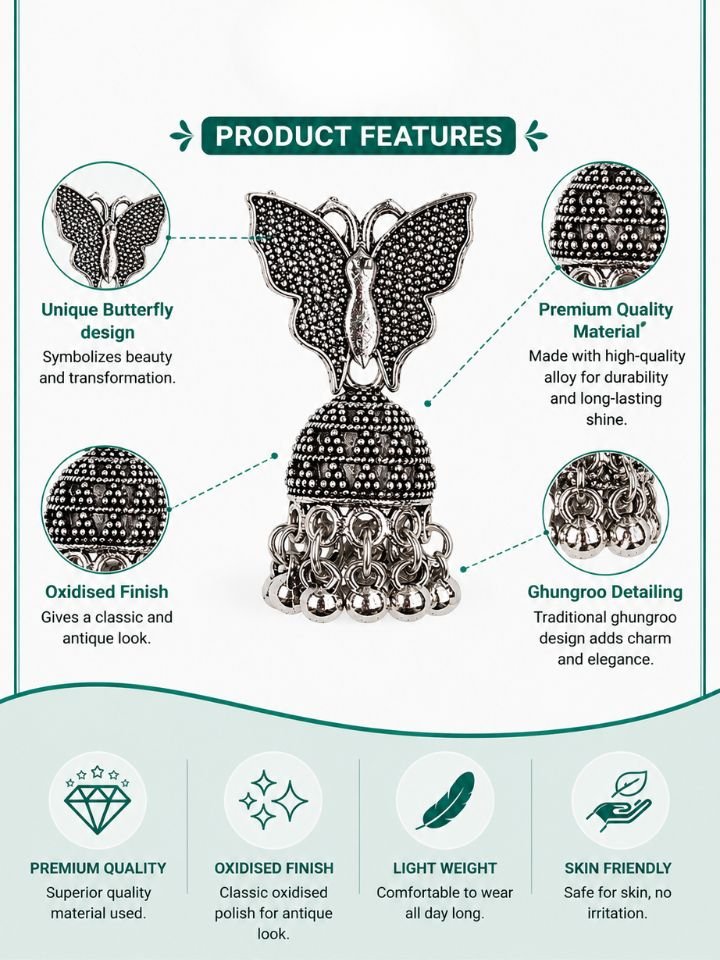 Oxidised Butterfly Jhumka Earrings 2 Oxidised Butterfly Jhumka Earrings in Antique Silver Finish