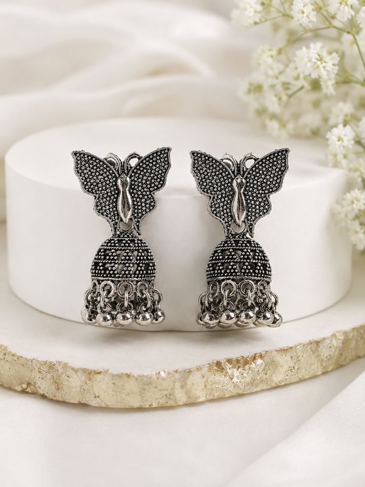 Oxidised Butterfly Jhumka Earrings in Antique Silver Finish Oxidised Butterfly Jhumka Earrings in Antique Silver Finish