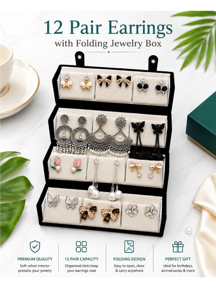 12 Pair Stud and Oxidised Earrings Combo with Folding Jewelry Box