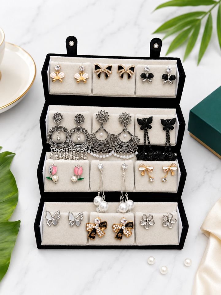 12 Pair Stud and Oxidised Earrings Combo with Folding Jewelry Box